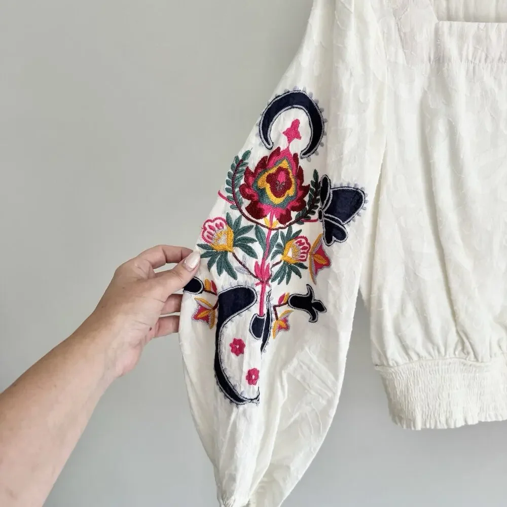 Anthropologie Embroidered Puff-Sleeve Square Neck Textured Blouse Small White #M